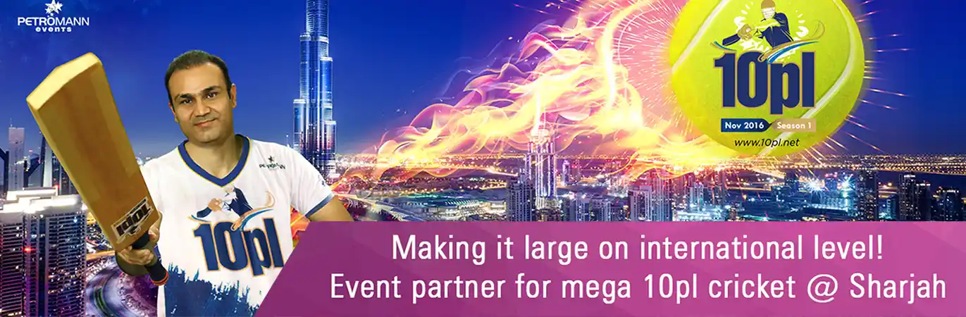 Tools Marcom P Ltd ad Agency banner, Event partner for 10pl cricket league-sharjah, Virender Sehwag - India Cricketer